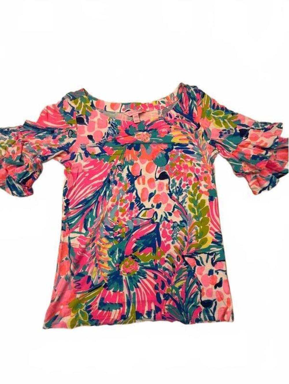 Lilly Pulitzer Women's Colorful Floral Print Blouse with Ruffled Sleeves XXS